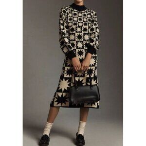 FARM Rio Sz S Dress Sweater Midi Long Sleeve Black Cream Mock Neck Cozy Goth New